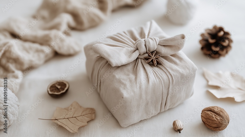 Fototapeta premium Eco-friendly Christmas gift wrapped in fabric with minimal natural decor