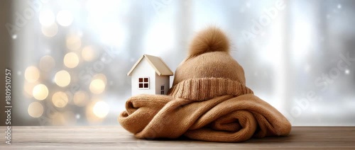 A cozy knit hat rests on soft fabric beside a charming miniature house, creating a warm atmosphere perfect for winter
