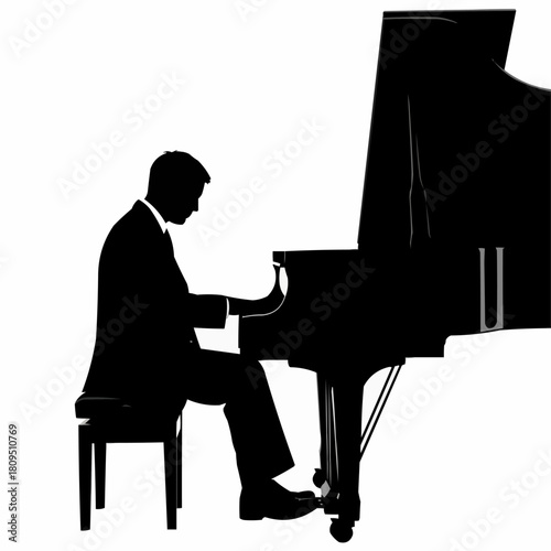 Silhouette of a man playing the grand piano with focused concentration and musical passion.