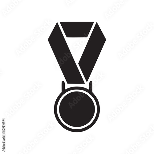 A black and white graphic illustration of a medal with a ribbon on a clean white background space