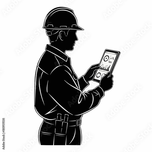 Construction worker using tablet for data analysis.