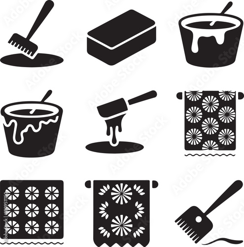 Batik icons, textile printing, fabric pattern, craft tool, handmade art, wax dye