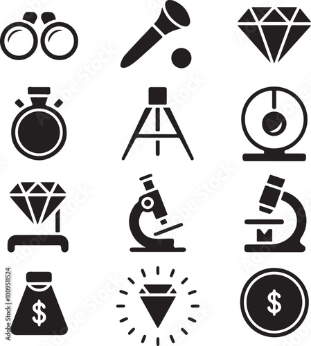Appraisal icons, auction value, diamond gem, jewelry inspection, business finance, currency coin
