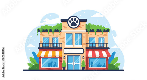 A charming flat illustration of a local pet shop and veterinary clinic building with a large paw print sign on the facade.