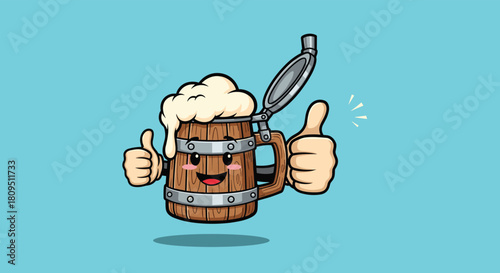 Cheerful cartoon wooden beer stein character with a smiling face and frothy foam giving two enthusiastic thumbs up gestures.
