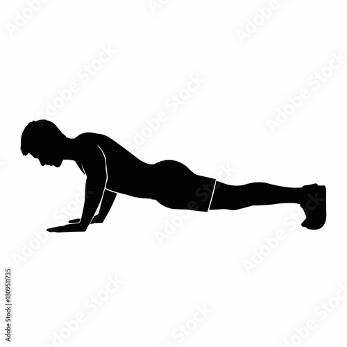 Silhouette of a man performing a push-up exercise on a white background.