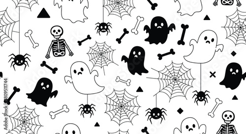 A quirky seamless Halloween pattern in black and white featuring sad ghosts skeletons spiders and geometric shapes on white.