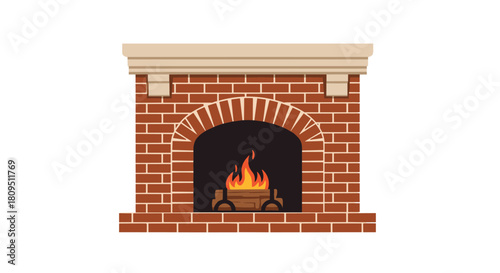 A classic and cozy red brick fireplace with a warm fire burning brightly inside creating a comfortable and homey atmosphere.
