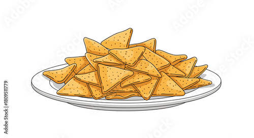A heaping plate full of crispy golden tortilla chips presented as a tasty snack or appetizer in a cartoon illustration style.