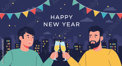 Two happy men celebrating and toasting with champagne glasses on a rooftop for a Happy New Year party at night time.