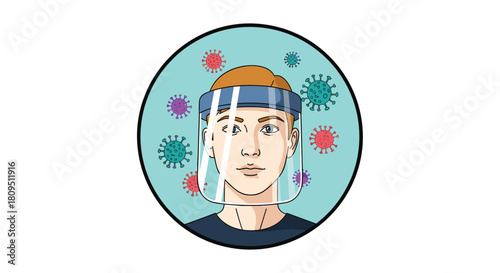 An illustrative icon of a person wearing a protective plastic face shield to prevent infection from floating virus particles.