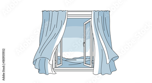 An open window with light blue curtains gently blowing in the breeze revealing a calm and serene landscape view from inside.