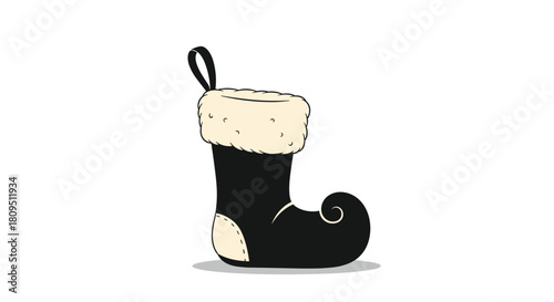 A unique black Christmas stocking designed in the whimsical shape of an elf's shoe with a curly toe and fluffy white cuff.