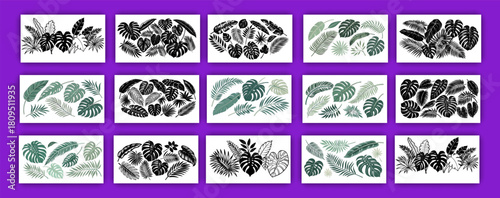 An assortment of potted plants is displayed against a pure white background. The composition includes a variety of species, all rendered in a realistic, vector-style with vibrant colors. The central e