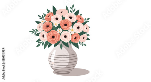 A beautiful and elegant bouquet of pink and white ranunculus flowers arranged in a stylish gray and white striped vase.