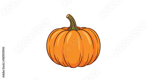 A classic and simple cartoon illustration of a plump and round bright orange pumpkin with a green stem on a white background.