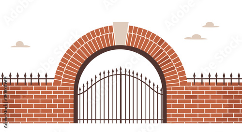A classic red brick wall featuring a large arched entrance with an ornate closed black wrought iron gate and a keystone.