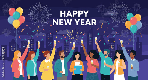 A diverse group of cheerful people celebrating a Happy New Year by toasting with champagne under fireworks in the city.