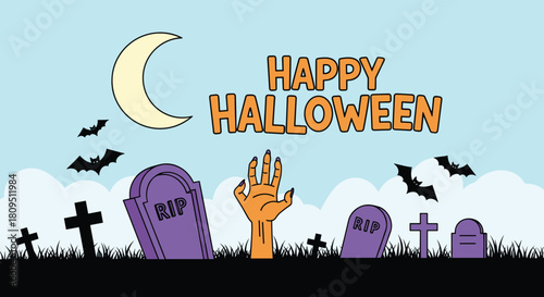 A spooky Happy Halloween banner showing a zombie hand emerging from a grave in a creepy cemetery under a crescent moon.