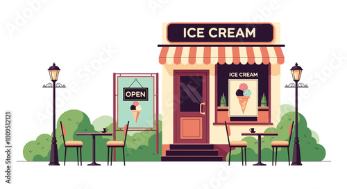 A charming illustration of a small ice cream shop storefront with an outdoor seating area and vintage style street lamps.