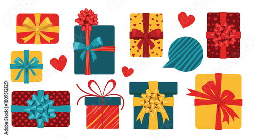 A festive and colorful collection of various beautifully wrapped gift boxes with different patterns ribbons and bows for celebrating.