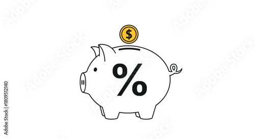 A simple line art illustration of a piggy bank with a percentage symbol representing savings interest rates and investment.