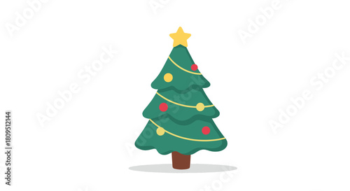 A simple and cute cartoon Christmas tree decorated with a yellow star topper colorful baubles and a string of lights.