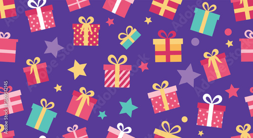 A fun and festive seamless pattern of colorful gift boxes and stars scattered on a vibrant dark purple background.