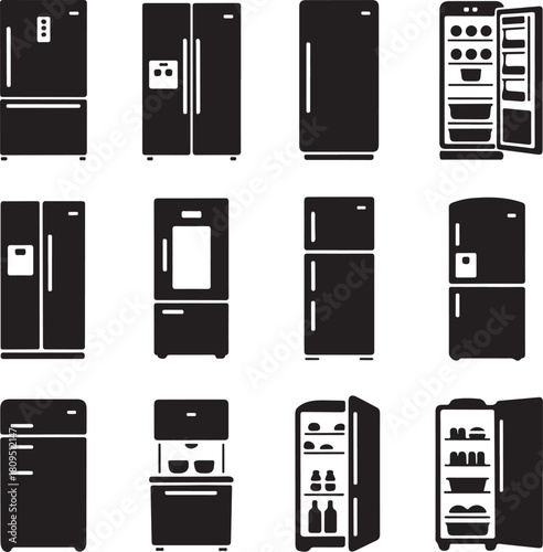 Refrigerator icons, kitchen appliance, fridge freezer, cold storage, home electronic, food preservation