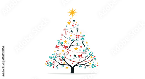 An artistic and abstract Christmas tree illustration made from bare branches leaves stars candy canes and colorful ornaments.