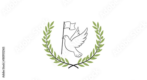 A minimalist line drawing of a dove of peace with a flag flying within a simple green laurel wreath on a white background.