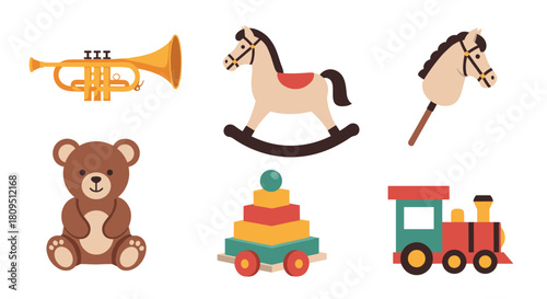 A charming collection of six classic and vintage-style children's toys including a teddy bear a train and a rocking horse.