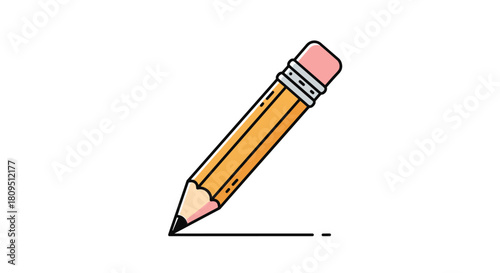 A simple and clean cartoon illustration of a yellow number two pencil with a pink eraser drawing a straight black line.
