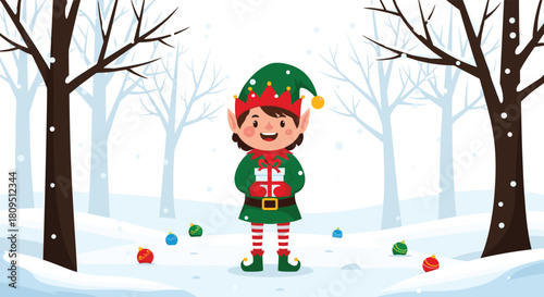 A sweet and happy Christmas elf character standing in a snowy winter forest while holding a small beautifully wrapped gift.