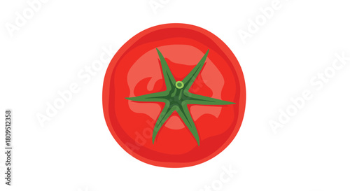A simple top-down view illustration of a whole ripe red tomato showing the green stem and leaves on a white background.