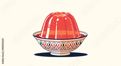 A vibrant red gelatin or jelly dessert served in a beautifully decorated traditional ceramic bowl on a light background.