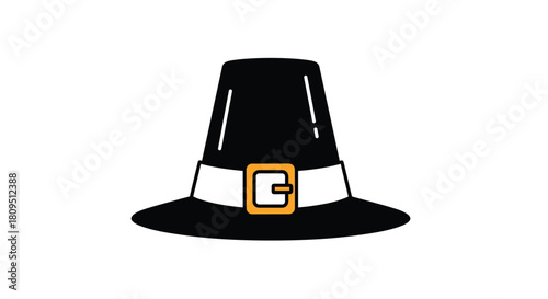 A simple and iconic illustration of a traditional black pilgrim hat with a white band and a shiny golden belt buckle.