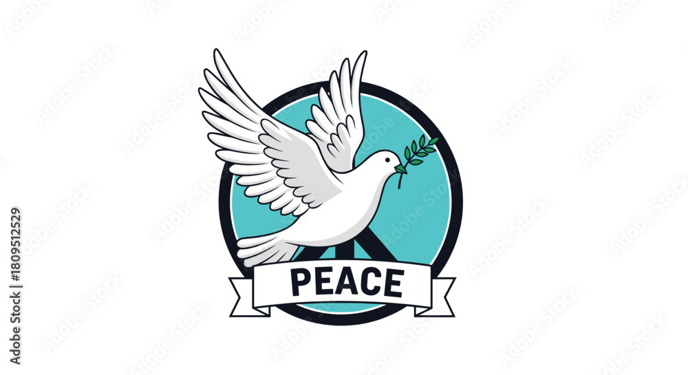 Obraz premium White dove of peace holding an olive branch flies in front of a peace sign with a banner celebrating global harmony.