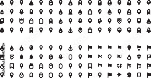 Large collection of diverse black location pin icons and map marker symbols on white background vector