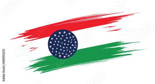 Abstract patriotic flag design with red and green brush strokes and a blue circle filled with white stars on a white background.