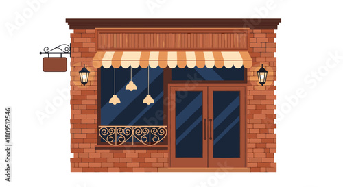 Charming European-style shop facade with a brick wall striped awning large windows and vintage lanterns for a cozy look.