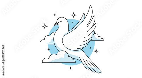 Serene line art illustration of a white dove flying peacefully among clouds and stars in a simple and elegant design.