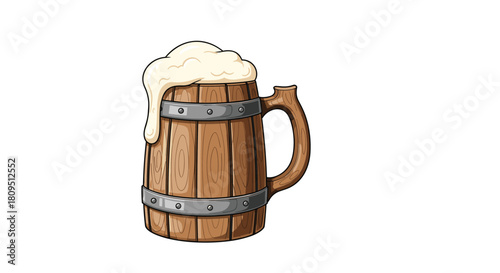 Vintage wooden beer mug with metal bands filled with frothy light beer creating a rustic and traditional tavern vibe.