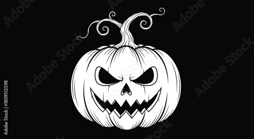 Spooky hand-drawn jack-o-lantern with a menacing grin and evil eyes in white line art on a solid black background.