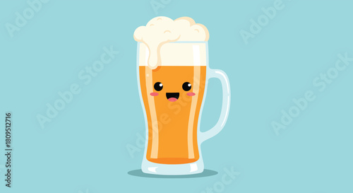 Adorable kawaii beer mug character with a happy smiling face and rosy cheeks filled with frothy golden beer for a party.