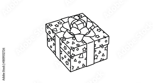 Simple black and white line art of a wrapped gift box with a star pattern and a large festive bow on top for coloring.