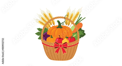 Bountiful Thanksgiving harvest basket filled with a pumpkin vegetables fruits and wheat perfect for a holiday celebration.