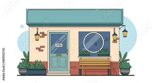 Quaint and charming storefront with an open sign on the door a bench outside and potted plants for a friendly local business.