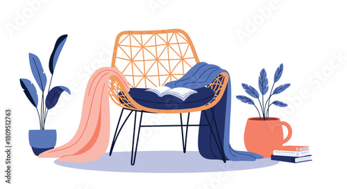 Cozy reading nook with a stylish wicker chair draped in blankets an open book and potted plants for a relaxing vibe.