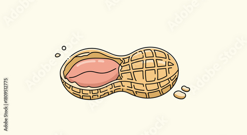 Simple cartoon illustration of a cracked open peanut shell showing the nut inside against a light yellow background.